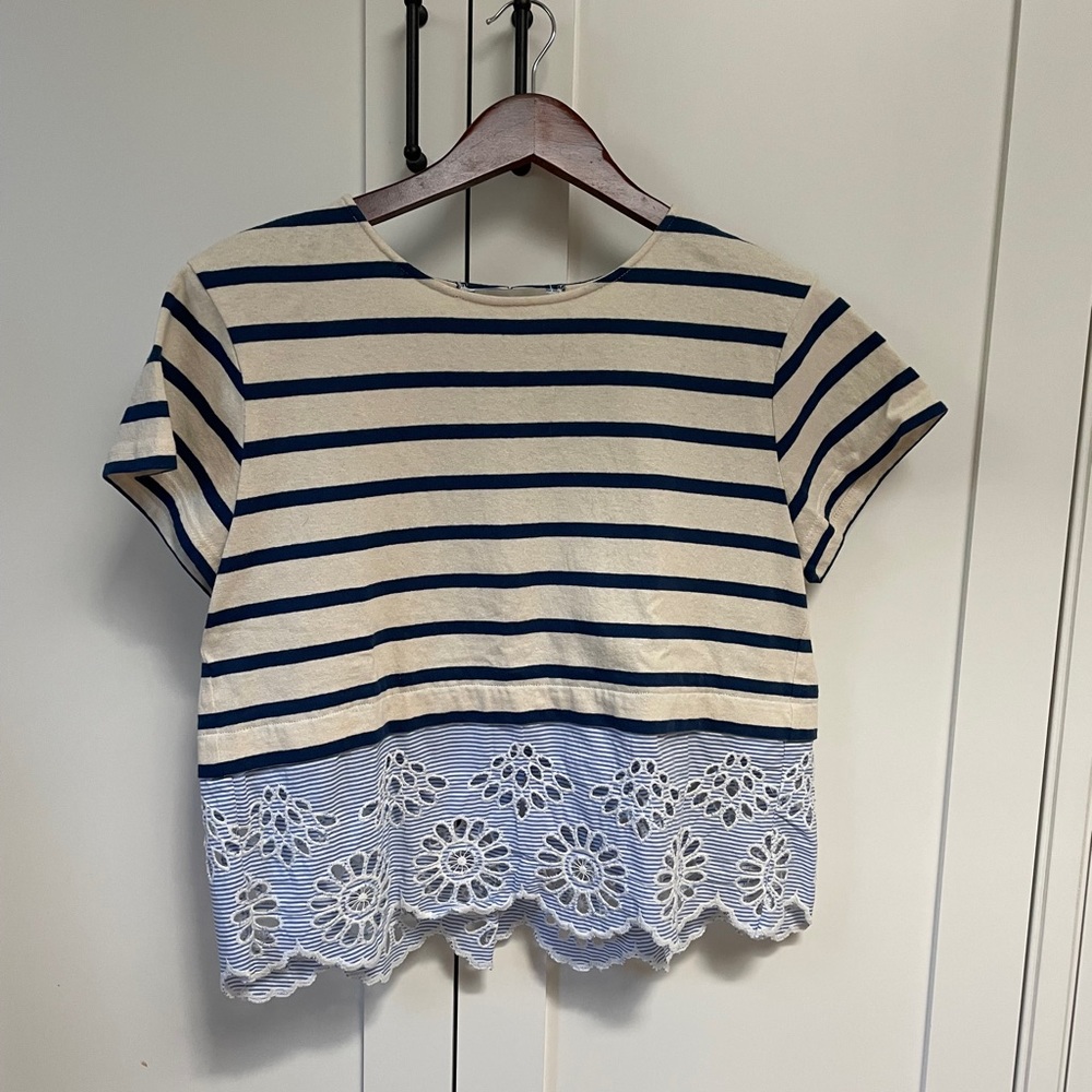 Sea New York Blue and White Striped Eyelet Top, M